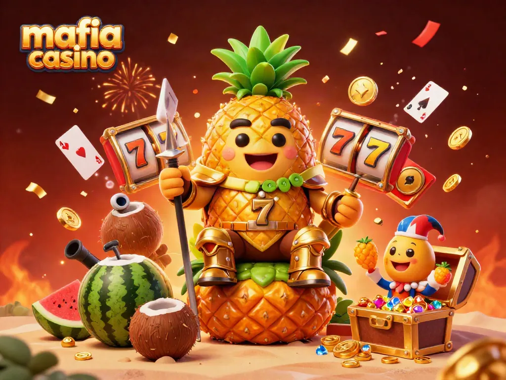 Mafia casino vibrant scene with golden pineapple king and dynamic slot elements showcasing excitement and rewards.
