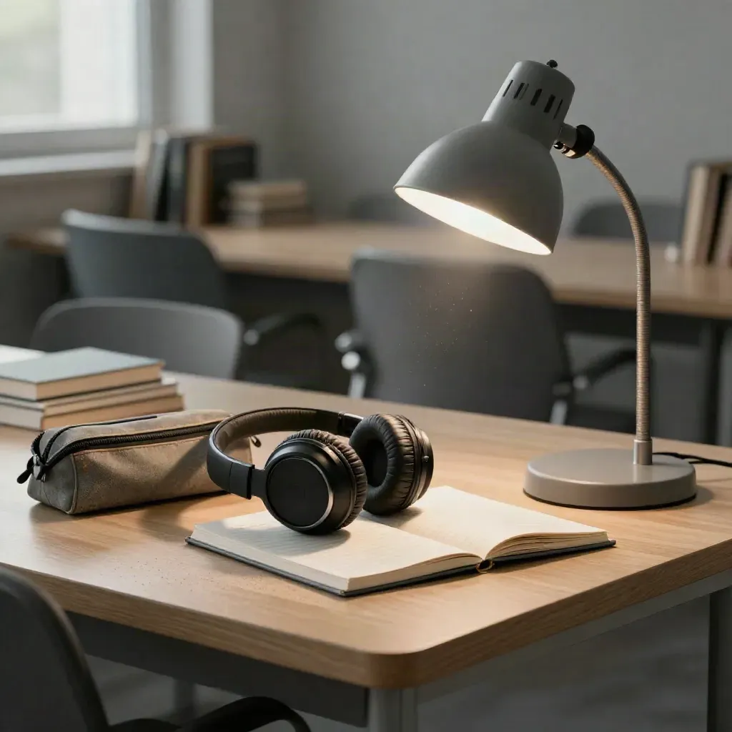 Cuffie, quaderno chiuso, astuccio e lampada su una scrivania di biblioteca, con luce di sole
