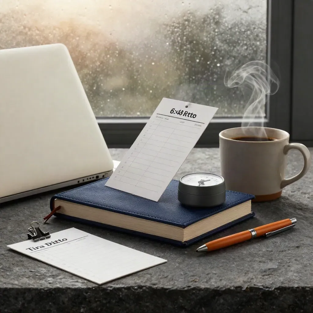Laptop chiuso, planner, timer e tazza su pietra scura, luce d’alba tempestosa.