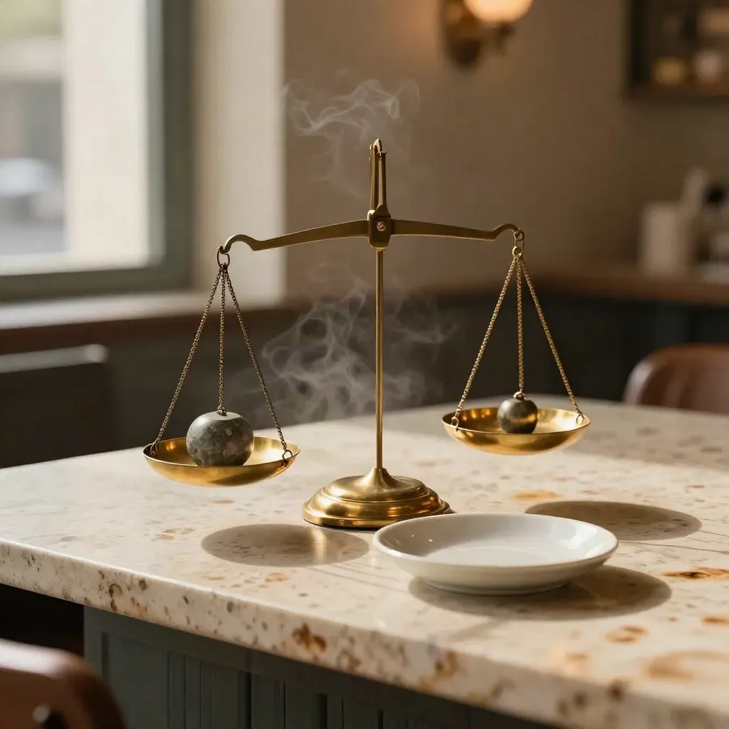 Bilancia in ottone su bancone di caffè, pesi in pietra e vapore soffuso