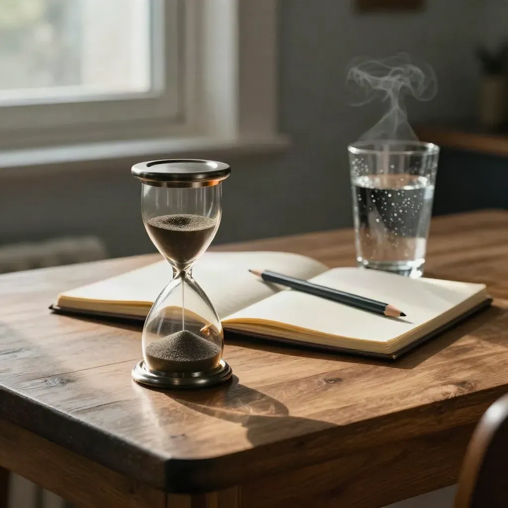 Clessidra, taccuino e acqua su tavolo da cucina, con luce drammatica e vapore di tè.