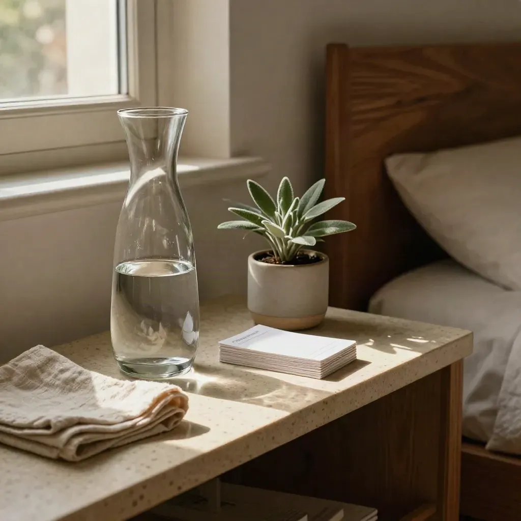 Caraffa d’acqua, lino e schede abitudini su un comodino in luce mattutina.