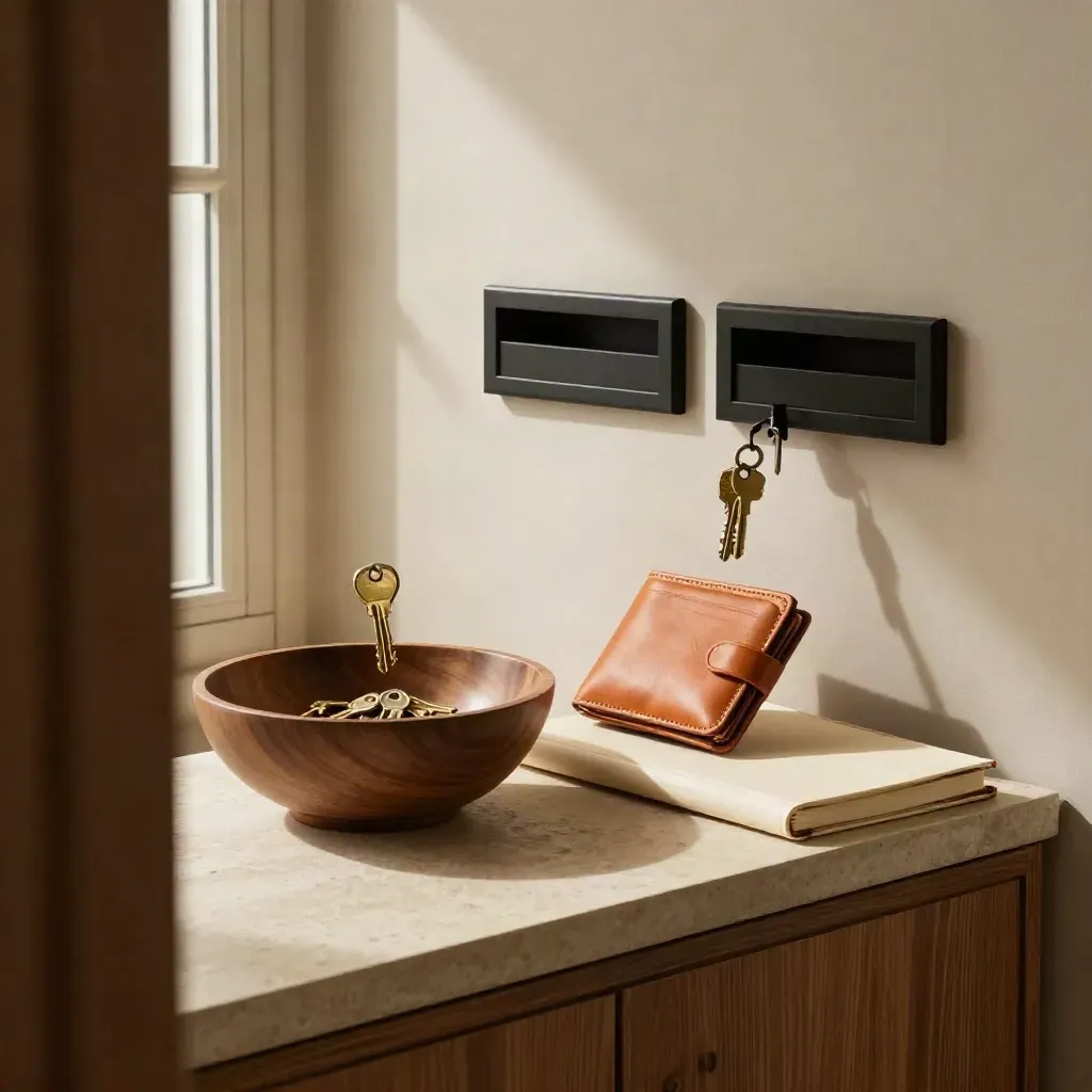 Console d’ingresso con chiavi, portafoglio e taccuino in movimento, luce naturale, tono arancio.