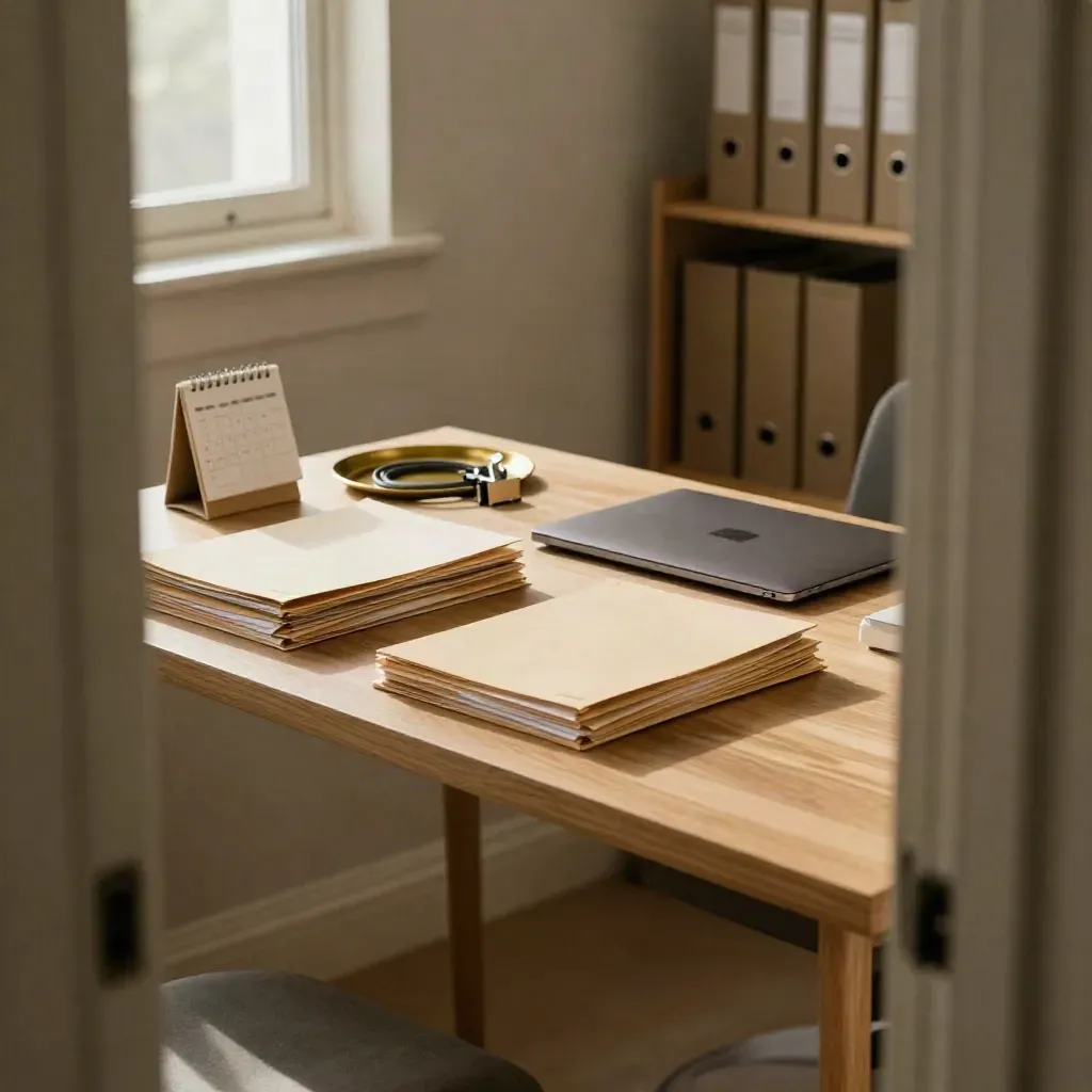 Angolo home office con laptop chiuso, cartelle clienti e accessori ordinati su scrivania in legno.