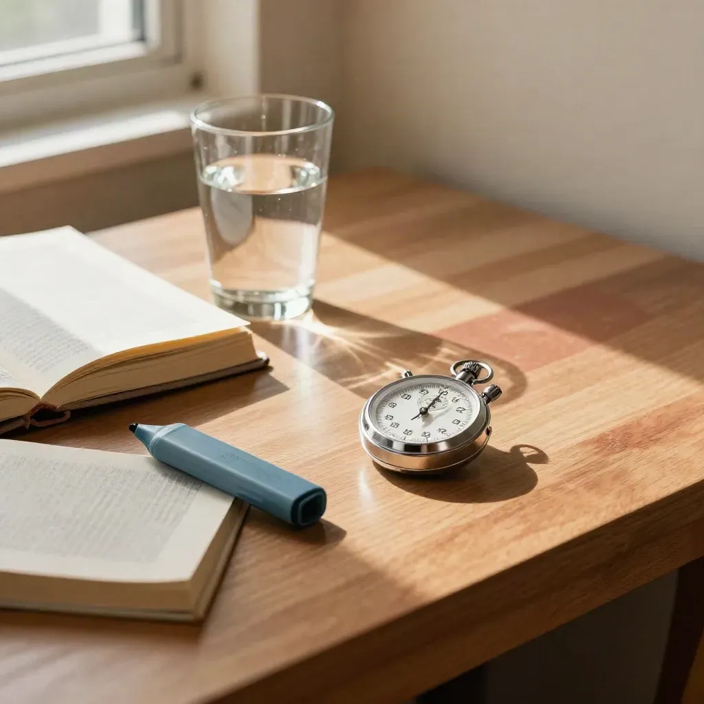 Tavolo studio con libri chiusi, fermacampioni azzurro, timer e bicchiere d’acqua, luce calda del mattino.