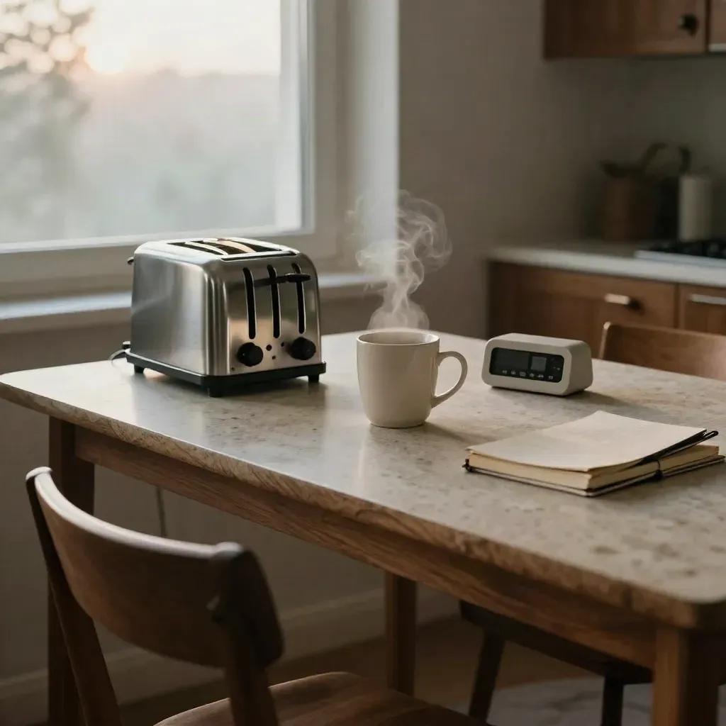 Tavolo cucina all’alba con tostapane, tazza, timer e taccuino chiuso, luce morbida.