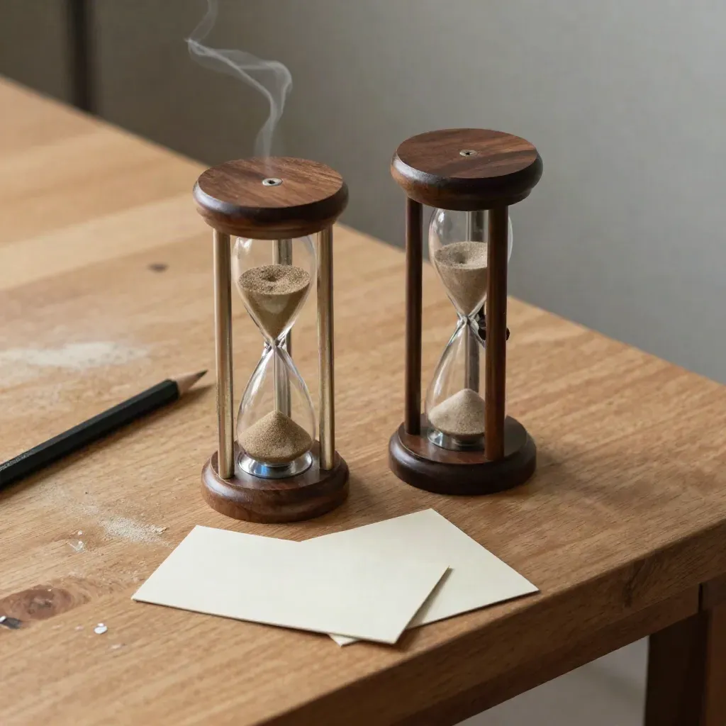 Due clessidre identiche su banco di legno con matita e cartoncini, luce morbida e vapore.