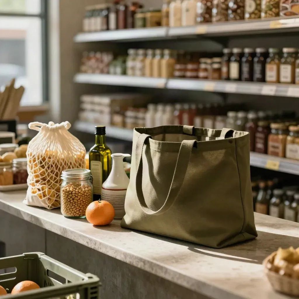 Tote di tela con spesa essenziale al banco del mercato, in luce naturale