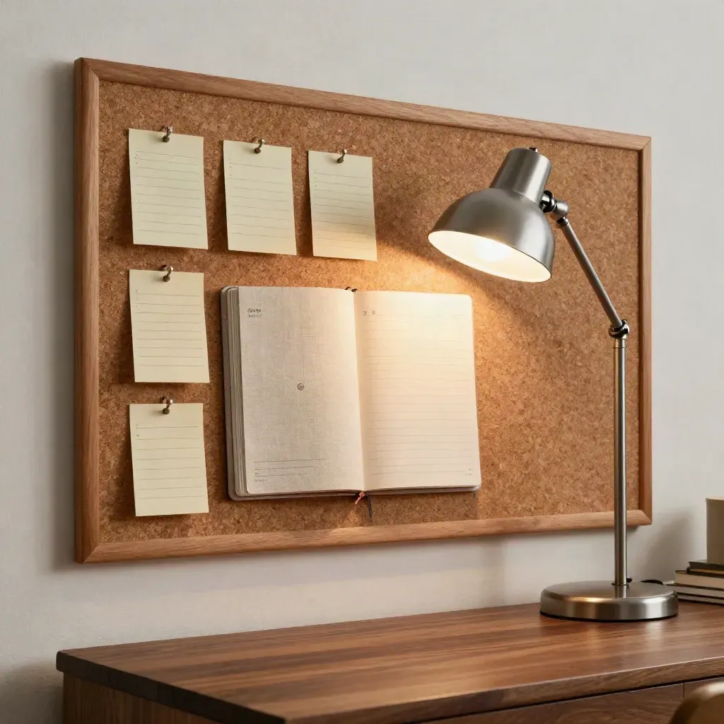 Bacheca in sughero con cards chiare, planner chiuso e lampada da scrivania in luce mattutina.
