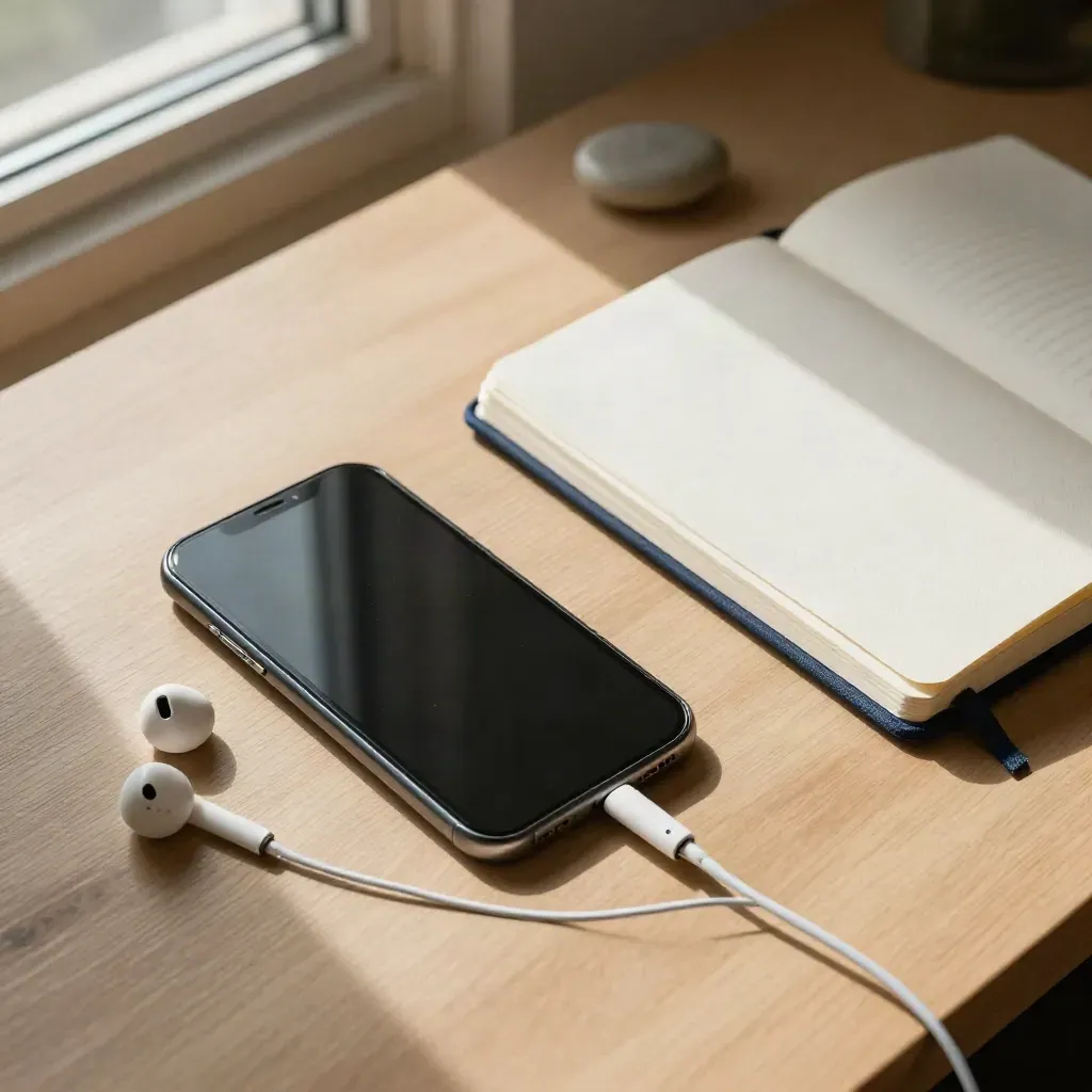 Telefono, auricolari e taccuino su una scrivania in legno: il silenzio torna.