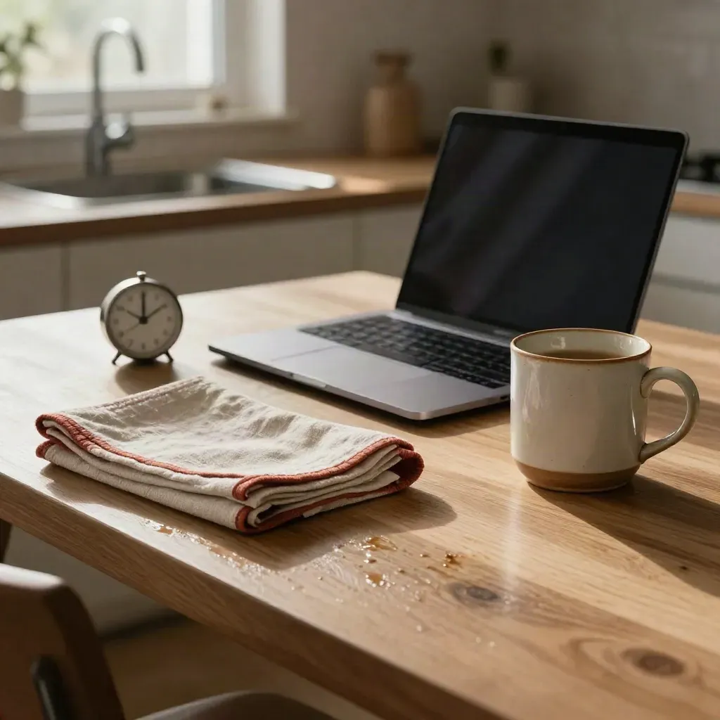 Tavolo da cucina ripulito con tazza, timer, laptop chiuso e strofinaccio alla luce del lavello.