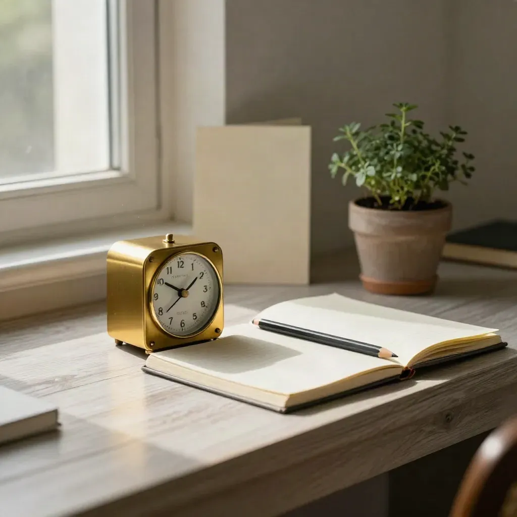 Timer in ottone, quaderno crema, matita grafite ed erba in vaso su legno chiaro, luce morbida.