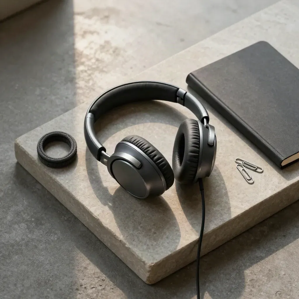 Cuffie over-ear, taccuino chiuso e graffette su lastra di pietra, luce morbida.