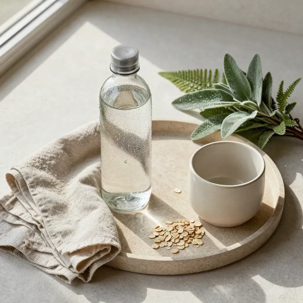 Bottiglia d’acqua, asciugamano in lino, tazza in ceramica e felce su vassoio di pietra.