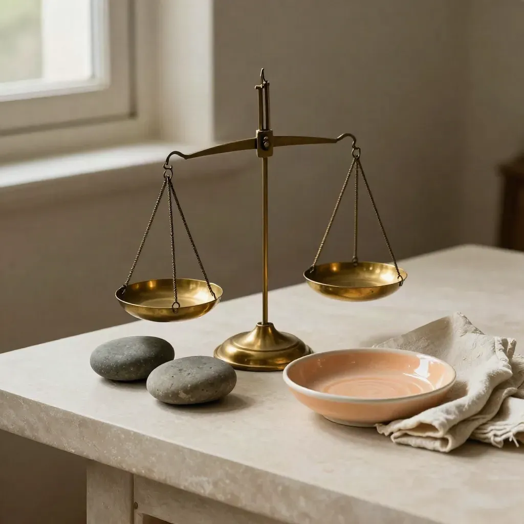 Bilancia in ottone con pietre lisce, piattino in ceramica e stoffa piegata su piano chiaro.